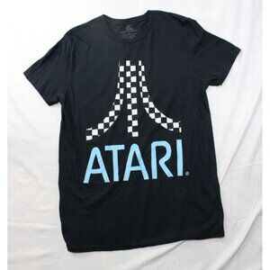 Retro Atari Black T-Shirt Medium Mens 100% Cotton Checkered Logo Graphic Tee